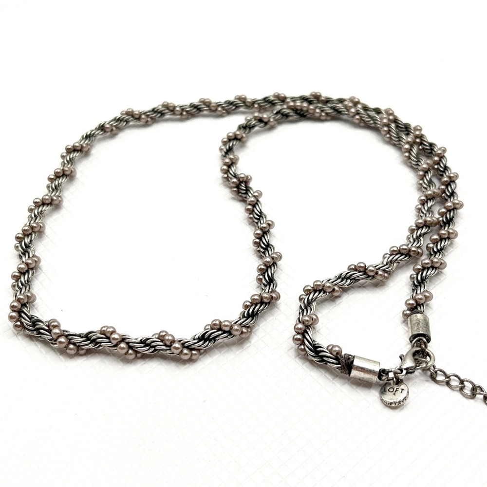 Ann Taylor Loft Necklace Silver Tone & Faux Pearl Bead Wrapped Twisted Chain 30"